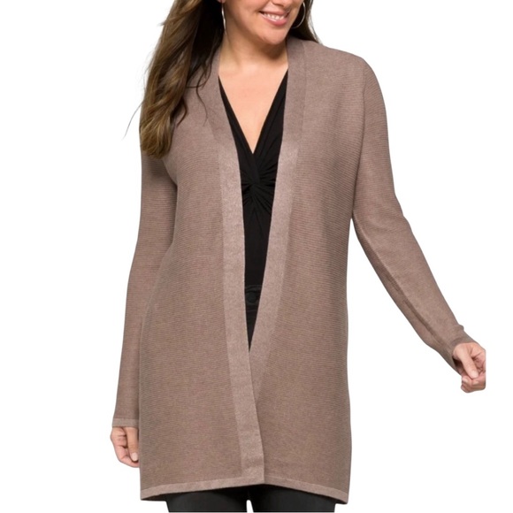 Evolution by Cyrus Laysie Ribbed Open Front Cardigan in Tan Taupe - Picture 1 of 6